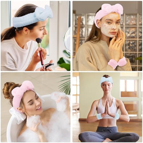 WHAVEL 6PCS Spa Headband and Wristbands Set, Face Wash Headband Wrist Bands for Washing Face Skincare Makeup Hair Band Skin Care Accessories Tools，Blue&Pink - Image 5