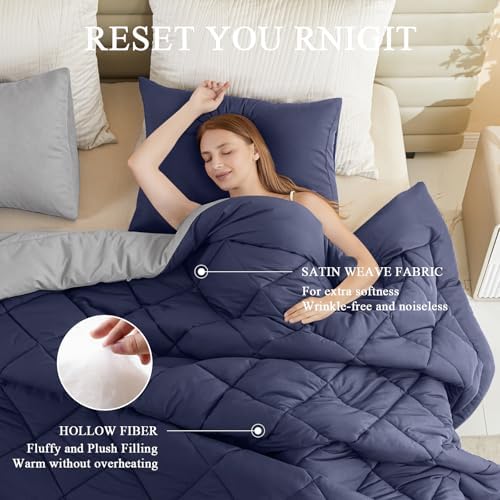 MIOTO 132x120 Alaskan King Comforter, Extra Large King Size Comforter Oversized, All Season Soft Lightweight Quilt Down Alternative Duvet Insert with 8 Corner Tabs, Navy Blue&Light Grey - Image 3