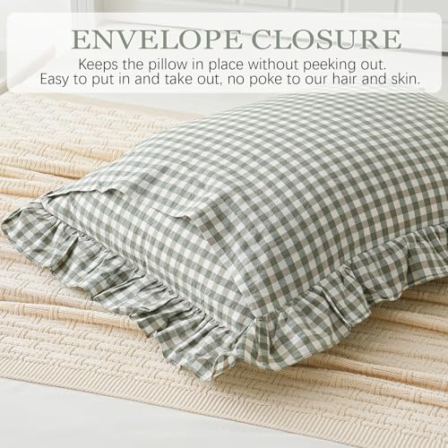2 Pack Sage Green White Plaid Ruffle Pillow Shams Standard Size 20"x26" - Image 5