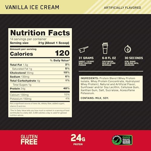 Optimum Nutrition Gold Standard Whey Protein Powder, Vanilla Ice Cream, 1LB - Image 3