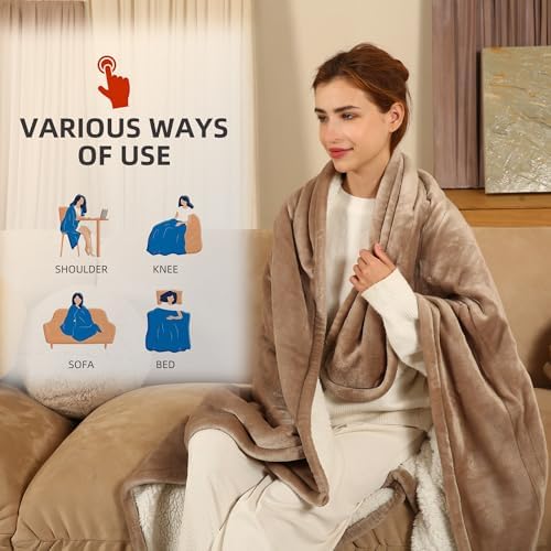ESTINGO Heated Throw Blanket Electric Blanket, Heating Blanket Throw with 4 Hours Auto Off & 5 Heating Levels, 50"x60" Heated Blanket Throw with Overheat Protection for Couch & Bed, Light Tan - Image 6