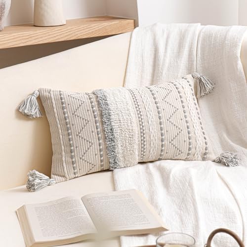 BlissBlush 12x20 Lumbar Pillow Cover, Cream Neutral Rectangular Decorative Cushion Cover with Gray Pattern, Boho Accent Pillowcase with Tassels for Couch Sofa Living Room (Cover Only) by BlissBlush