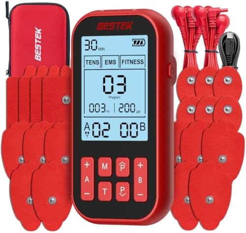 BESTEK TENS Unit Muscle Stimulator, 3-in-1 60 Program with 20 Replacement Pads, Rechargeable EMS Massage Machine for Back, Sciatica,Shoulder,Knee Pain Relief by BESTEK