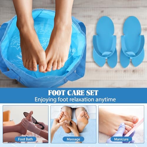 FillTouch 6 Sets Foldable Foot Bath Kit 15L Collapsible Foot Soaking Tub Bathroom Towels Women Adult Foldable Slippers with Storage Bag Spa Soak Pedicure Bath for Travel Camping(Sky Blue) - Image 5