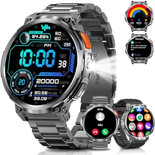 Military Smart Watch for Men, 1.85" Big Screen, Flashlight, 930mAh Battery by Podoeil