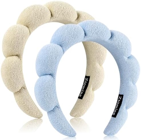 Ztomine Spa Terry Cloth Headband Combo Pack - 2 Puffy Makeup Facial Headbands for Face Washing and Masks (Beige + Blue) by Ztomine
