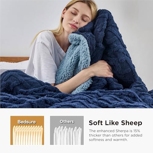 Bedsure Sherpa Fleece Blanket, Cable Jacquard Tufted, Warm, Navy, King - Image 3