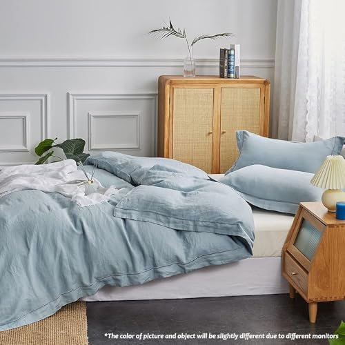 Simple&Opulence 100% Linen Duvet Cover Set with Embroidery Border Washed - 3 Pieces (1 Duvet Cover & 2 Pillow Shams) with Button Closure Soft Breathable Farmhouse - Dusty Blue, Full Size - Image 5