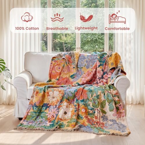 MSGKV Boho Throw Blanket 60"x80" Cotton Floral Blanket for Couch & Sofa - Image 2