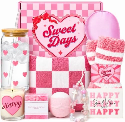 Gift Baskets for Women 9pcs Pink Birthday Gifts for Teen Girls Sweet Gift Box Glass Cup Trendy Self Care Stuff for Her Sister Best Friend Girlfriend Sweet 16th 18th 21st Bday Mothers Day by Unknown