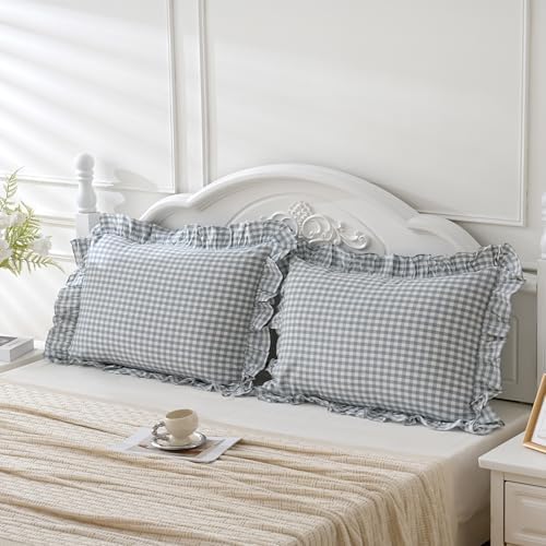 2 Pack Blue White Plaid Gingham Ruffle Pillow Shams Standard Size 20"x26" - Image 2