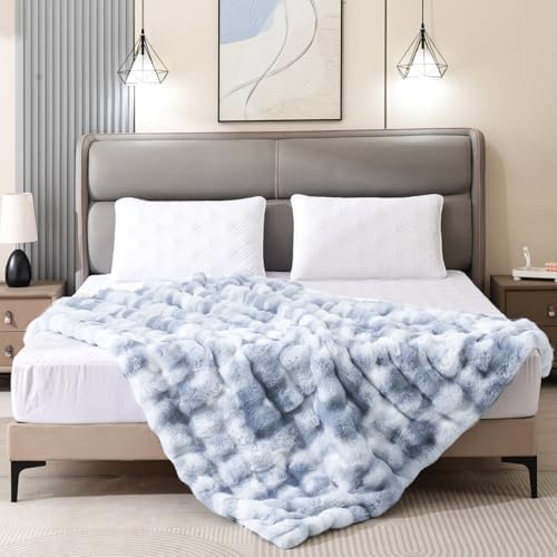 Latepis Faux Fur Fluffy Blanket for Couch, Super Soft Luxury Faux Fur Bubble Plush Thick Warm Cozy Fuzzy Twin Blanket for All Seasons, 60” x 80”, Tie-dye Blue, 860GSM - Image 4