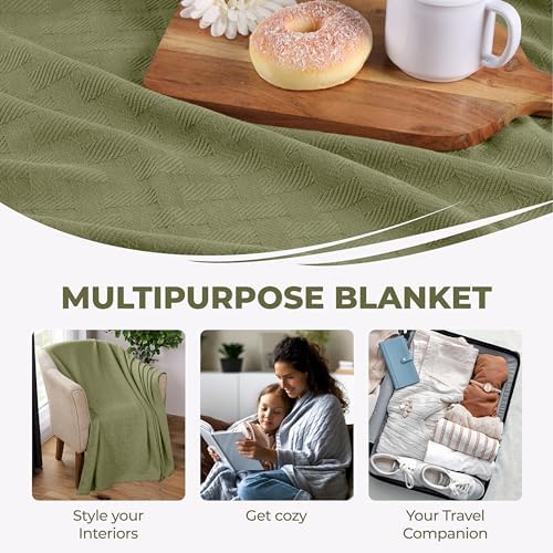 Superior Basketweave Cotton Blanket, Basket Weave Design, Soft, Comfy Cover for Bed, Bedding, Bedroom, Couch Throw, Lounging, Modern Boho Medium Weighted Blankets, King, Sage - Image 5