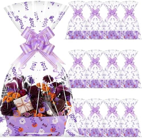Maitys 12 Sets Halloween Empty Gift Baskets Bulk with Boo Cellophane Bags by Maitys