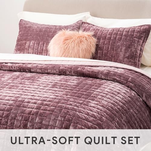 RECYCO Channel Box Stitch Velvet Quilt Set, Twin Size, Dusty Mauve Pink - Image 5