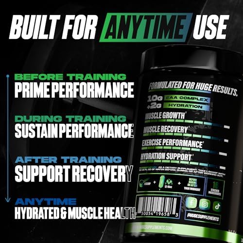 Huge EAA + Hydration, Essential Amino Acids Powder, EAAs & BCAAs, Intra & Post Workout Recovery Powder, Muscle Growth, Recovery & Performance, 10g EAAs & Electrolytes, Kiwi Blueberry, 30 Servings - Image 5