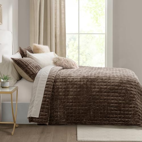 RECYCO Channel Box Stitch Velvet Quilt Set, King Size, Walnut Brown - Image 3