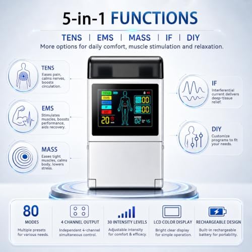TENS EMS Unit Muscle Stimulator for Pain Relief,5-in-1 & 80 Modes 4 Channel 30 Intensity Electronic Pulse Massager,Large Color LCD Display with 16 Electrode Pads for Shoulder,Neck,Back,Sciatica - Image 2