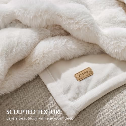 EverGrace Faux Rabbit Fur Bubble Throw Blanket, 50"x60", Ivory White - Image 5