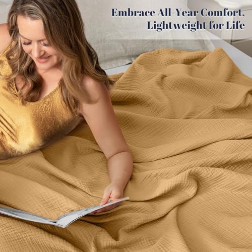 PHF 100% Cotton Muslin Throw XL Blanket Large 50" x 70", 4-Layer Lightweight Gauze Throw, Breathable Cloud-Soft Minimalist Blanket for Bed, Couch, Camping & Baby, Amber, Ideal Gift - Image 2