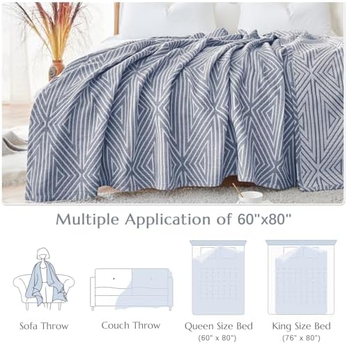 jinchan 100% Cotton Muslin Blanket Twin Boho Throw Blanket 60x80 Slate Blue - Image 5