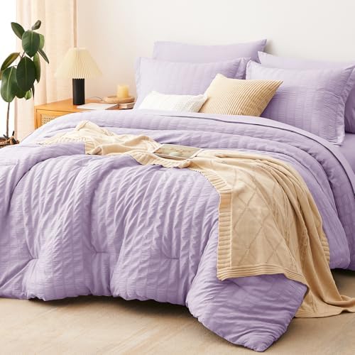 CozyLux Queen Comforter Set, 7 Pieces Light Purple Seersucker Bed in a Bag by CozyLux