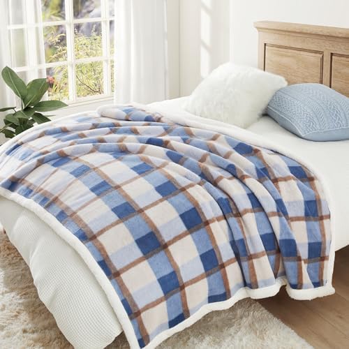 PU MEI Super Soft Faux Rabbit Fur Sherpa Fleece Throw Blanket, Reversible Luxury Cozy Cute Furry Blanket, Plush Warm Shaggy Fluffy Checkered Blankets for Sofa Couch Bed (Blue-Plaid, 60" x 80") - Image 2