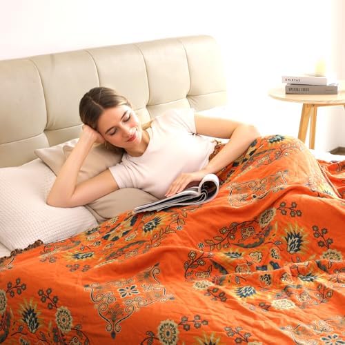 VANJOROY Boho Large Throw Blanket, 100% Organic Cotton Breathable Soft Bed Throw - Floral Farmhouse Decor Blanket for Sofa Couch Chair and Gift. 91" x 98"- Orange - Image 3