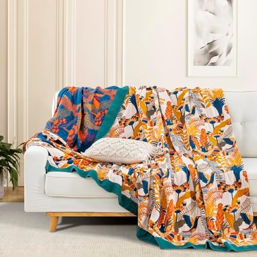 100% Muslin Cotton Throw Blanket for Bed Couch Chair, Boho Floral Bird Colorful Retro Quilt Ultra Soft Reversible Gauze Blanket for All Season, 80"x90" - Image 3