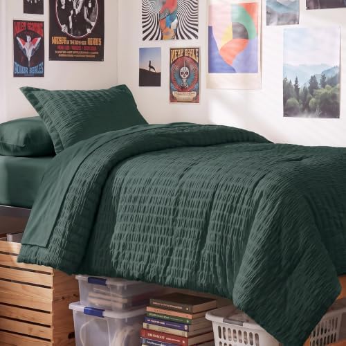 CozyLux Twin Comforter Set, 5 Pieces Forest Green Seersucker Bed in a Bag by CozyLux