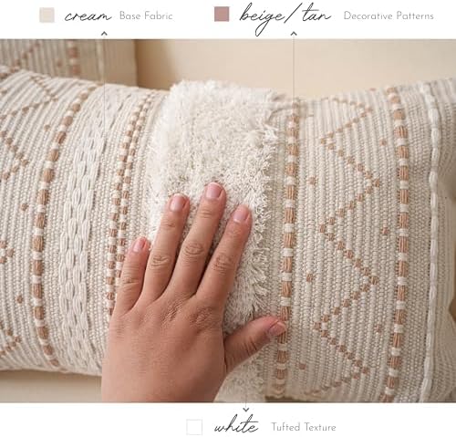 BlissBlush 12x20 Lumbar Pillow Cover, Cream Neutral Beige Rectangular Decorative Cushion Cover, Boho Accent Pillowcase with Tufted Details and Tassels for Couch Sofa Living Room (Cover Only) - Image 4