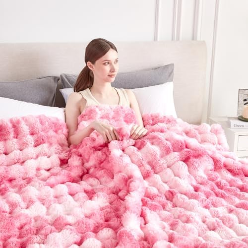 60x80 Inches Ultra-Soft Fuzzy Faux Fur Plush Twin Size Blanket - Thick, Warm Sherpa for Couch, Sofa, Bedroom, Camping - Decorative Blanket for Cozy Warmth, Bubble Pink Tie Dye - Image 2
