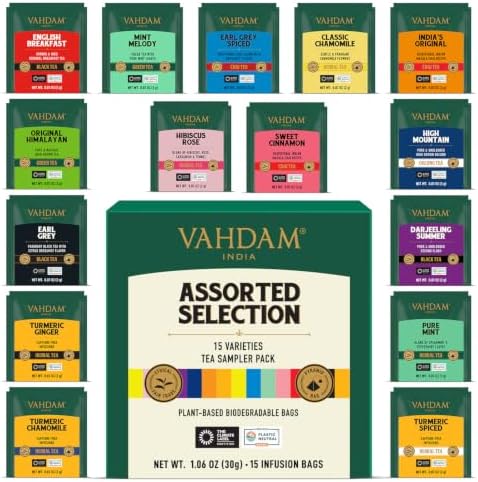 VAHDAM Assorted Tea Sampler (15 Unique Flavors in Pyramid Teabags) Tea Gift by Unknown