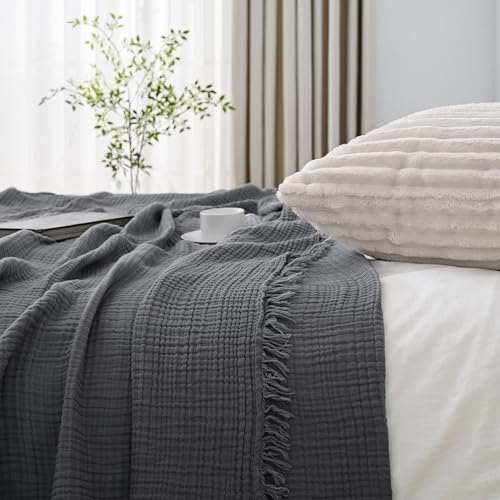 Esterra Muslin Throw Blanket 50x65 Inches Cozy Soft Lightweight Pre-Washed Cotton Blanket, All Season Breathable 4-Layer Gauze Blanket Throw for Sofa Couch Bed, Dark Gray - Image 5