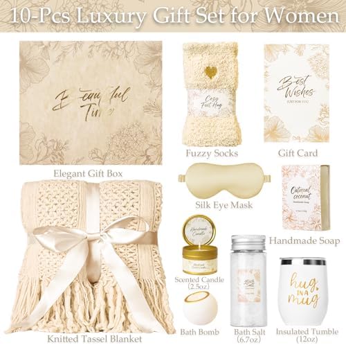 Gift Basket for Women, Self Care Set with Knitted Throw - Care Pkg - Beige - Image 2