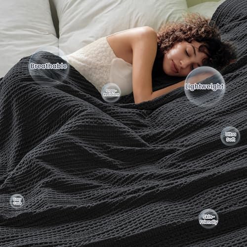 PHF Lightweight Waffle Weave Throw Blanket 50"x 60", Soft Woven Summer Blanket for Hot Sleepers - Aesthetic Home Decor for Couch Bed Sofa, Pet Friendly, Black - Image 2