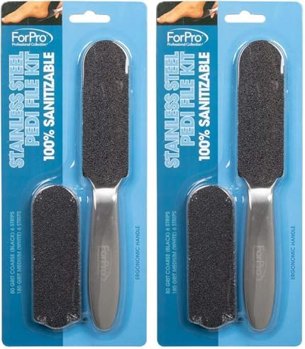 ForPro Stainless Steel Pedi File Kit - 100% Sanitizable Pedicure File for Heels and Feet - Includes Six Black 80 Grit and Six White 180 Grit Refill Strips- 8.5” L (Pack of 2) by ForProProfessionalCollection