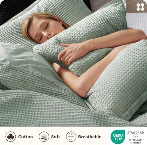 Bedsure PureWoven 3 Pieces 100% Cotton Waffle Weave Duvet Cover Set, King - Image 3