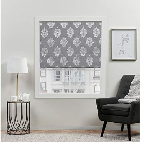 EXCLUSIVE HOME Marseilles Damask 100% Blackout Roman Shade, 31"x64", Grey by Chaps