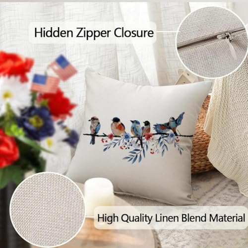 RABUSOFA 4th of July Memorial Day Patriotic Throw Pillow Cover,20x20 Inch Red White and Blue Birds Flowers Independence Day American Fourth of July Decoration for Sofa Couch - Image 6