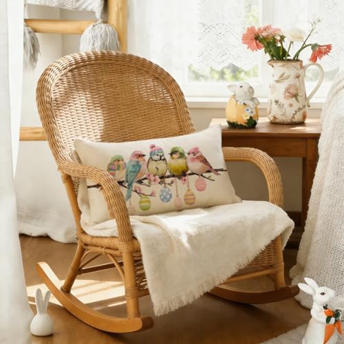 RABUSOFA Easter Pillow Covers 12x20 inch Easter Decorations for Home Pink Birds Colorful Eggs Lumbar Throw Pillows for Bedroom Sofa Holiday Festivals Decor - Image 3
