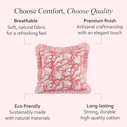 CPC Block Print Ruffle Throw Cover Pink Coral 16"x16" Inch Pack of 2-100% Cotton Ruffle Couch Decorative Boho Pillows Case for Living Room, Bedroom, Sofa, Farmhouse Gift for Spring, Mother's Day - Image 6
