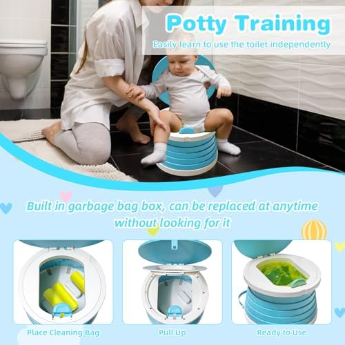 Portable Potty for Toddlers, Foldable Travel Potty with 5-Second Fold, Splash-Proof, Standalone Emergency Toilet with 3 Roll Waste Bags, Road Trips, Camping, Car, Outdoor (Blue) - Image 3