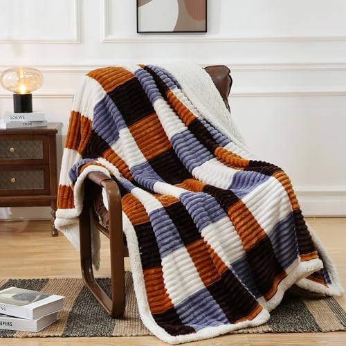PU MEI Sherpa Blanket Twin Plaid Thick Bed Blanket, 60”*80” Super Soft Flannel Fuzzy Fleece Reversible Velvet Plush Warm Blanket for Couch (Brown Orange Check) - Image 5