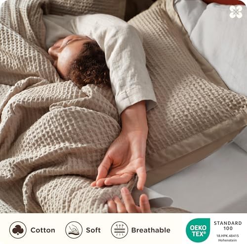 Bedsure PureWoven 3 Pieces 100% Cotton Waffle Duvet Cover Set, Queen, Khaki - Image 3