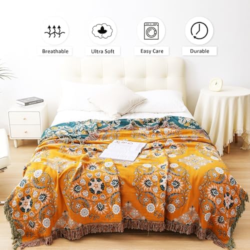 VANJOROY Boho Throw Blanket, 100% Cotton Soft Sofa Bed Throw-Floral Farmhouse Decor Blanket, Reversible Bohemian Throw for Chair Couch Quilt and Gift, 60" x 80"-Yellow - Image 2