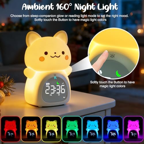 Cat Alarm Clock for Kids, Rechargeable Ok to Wake Clock with Night Light - BPA-Free Silicone Sleep Training Clock, Cute Toddler Wake Up Clock for Boys Girls Bedroom - Image 4