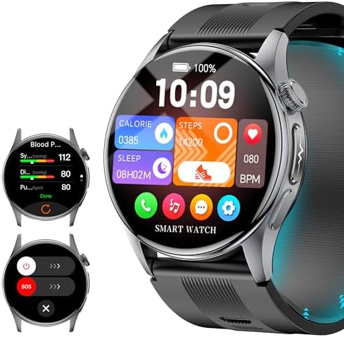 1.56” AMOLED Large Screen Smart Watches for Men Women, Airbag Blood Pressure Monitor Watch with Heart Rate Blood Oxygen Stress Sleep Tracking, SOS, Smart Fitness Watch for Android iPhone (Black) by Unknown