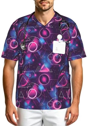 Men's Scrub Top,V-Neck Spill Wrinkle Resistant,3 Pockets-Cyberpunk Neon (12) by Unknown