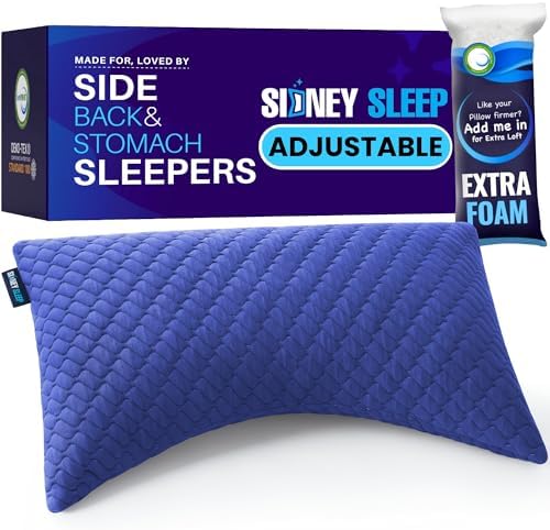 Sidney Sleep Adjustable Bed Pillow for Neck and Shoulder Support with Extra Shredded Fill - Cervical Contour Pillow for Side and Back Sleepers. Standard Size 19" x 26" CertiPUR-US Certified (Blue) by SidneySleep